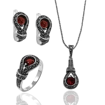 

Ruby Gemstone Ribbon Model Marcasite Female Silver Jewelry Set
