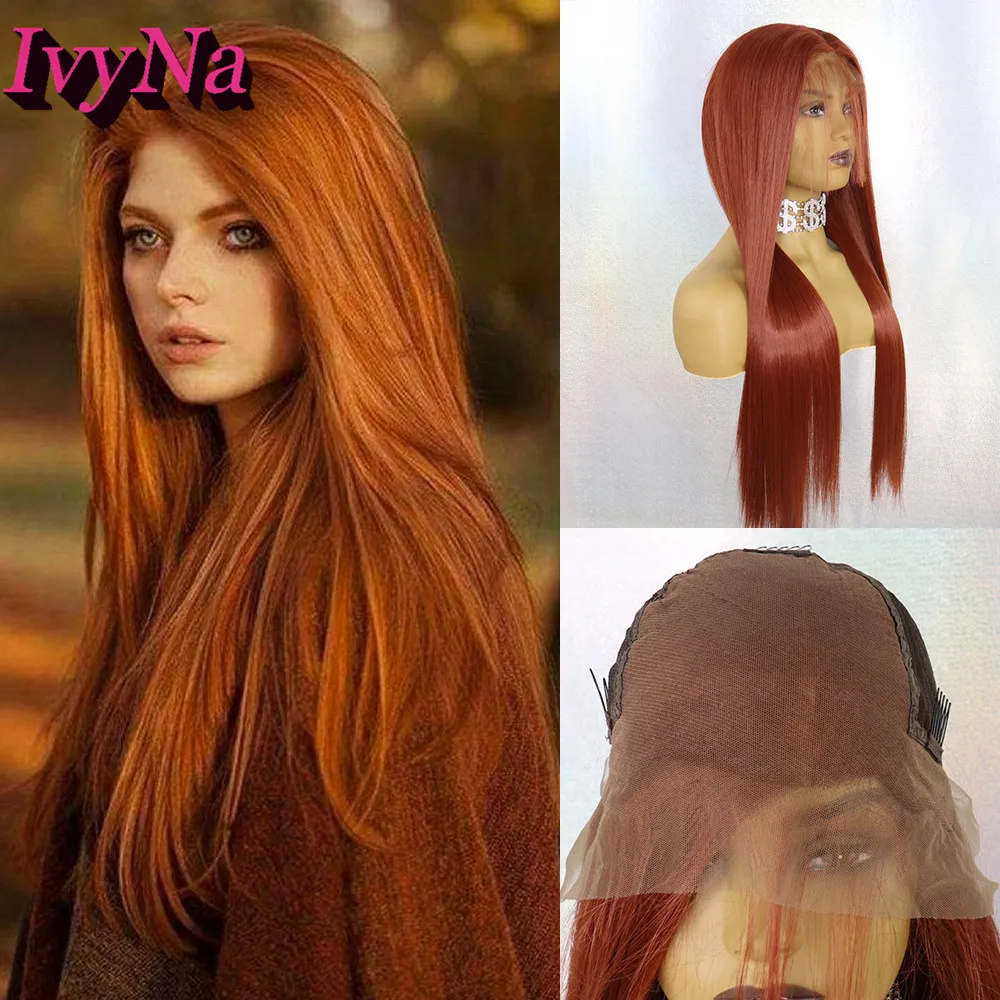 IvyNa Красный медный 13x6 синтетические кружевные передние парики для белых женщин