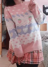 Suéter de punto Kawaii japonés para mujer, jersey de manga larga con estampado de fresa, Top de punto Rosa Vintage para Otoño e Invierno