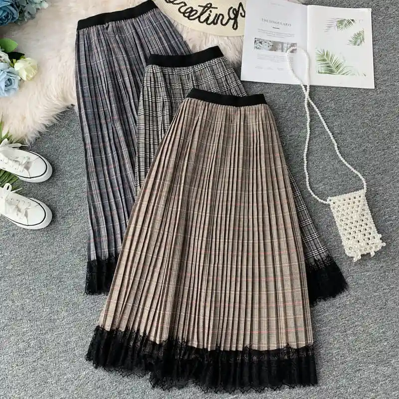 NiceMix Винтаж Harajuku клетчатая Высокая талия женские плиссированные юбки осенние длинные юбки эластичная талия линия лоскутное кружево Faldas Muje