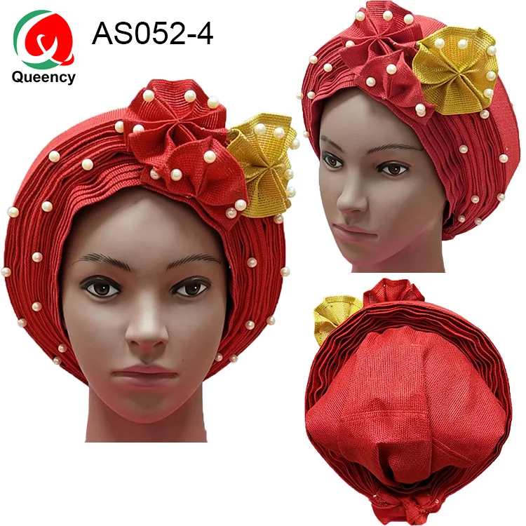 

AS052 DHL-Queency Unique Dsign Flower Mix colors Headtie African Already Made Auto hele with Beads Ladies for Bride and Party