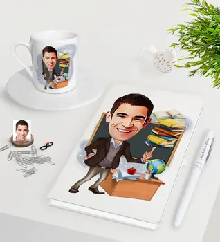 

Personalized Men 'S Teacher Caricature Of White Notebook Pen Turkish Coffee Cup Seti-2