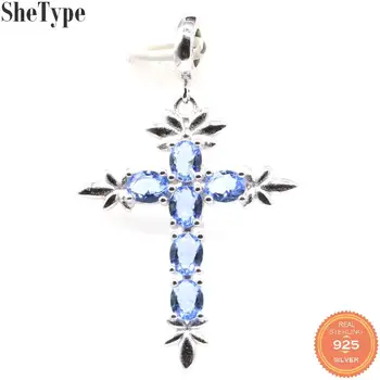 

42x22mm SheType Long Cross 2.8g Created Violet Tanzanite Gift For Girls 925 Sterling Silver Pendant