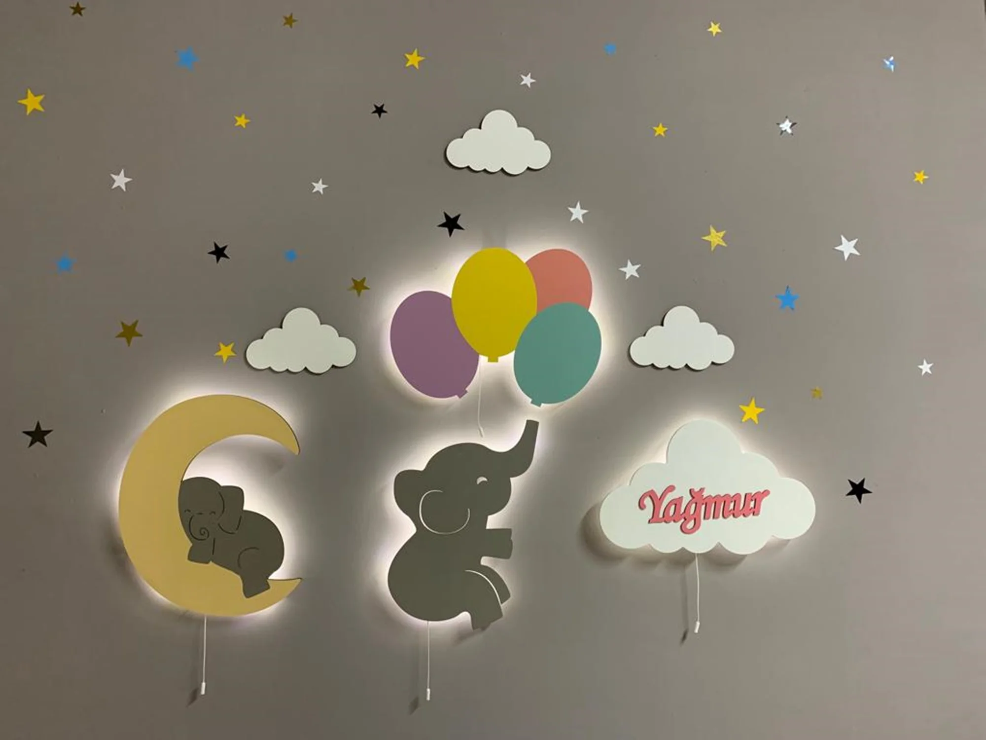 Set of 4 Nursery Wall Lamp Baby Room Decor Lighting Elephant Balloons Cloud Kids Newborn Birthday Gift Wooden Shower |