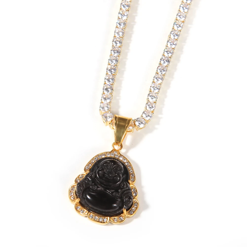 THE BLING KING Buddha Pendant Agate Jade Colorful Cubic Zirconia Gem Stainless Steel With Tennis Chain Necklace Hiphop Jewelry