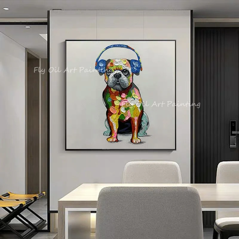

100% Handmade colorful dog listening music square picture oil painting for office living room decoration