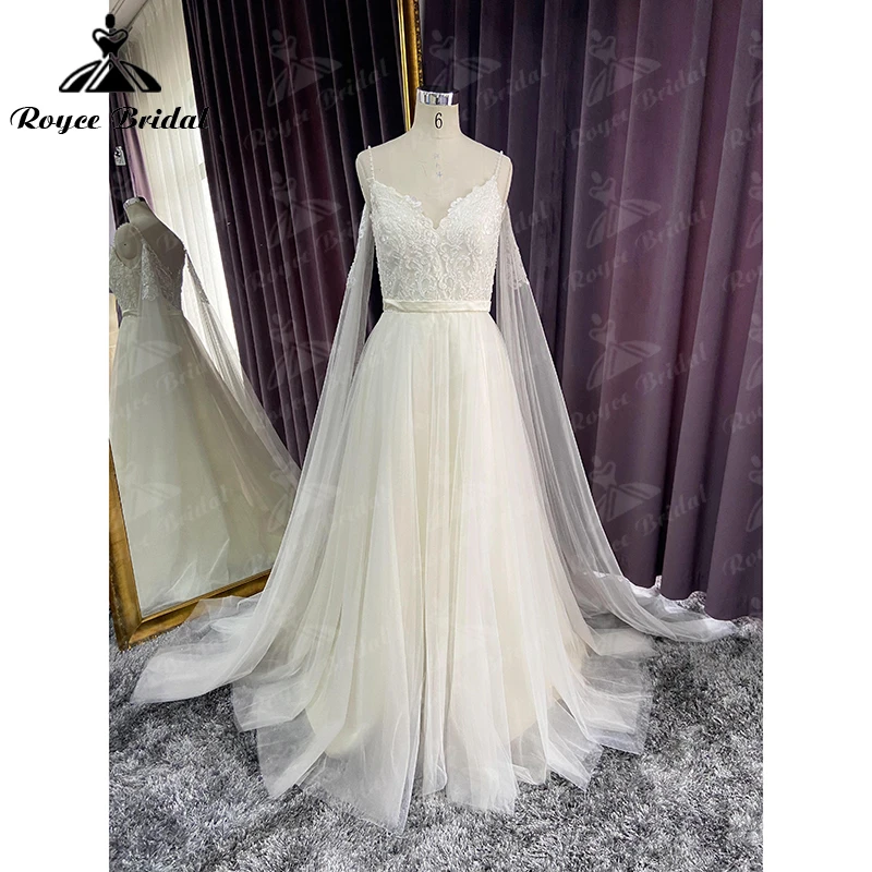 off the shoulder wedding dress Romatic Boho Spaghetti Straps V-Neck Appliques Lace A-Line Wedding Dresse Netting Bridal Sweep Zipper Sashes Beading Watteau blue wedding dress