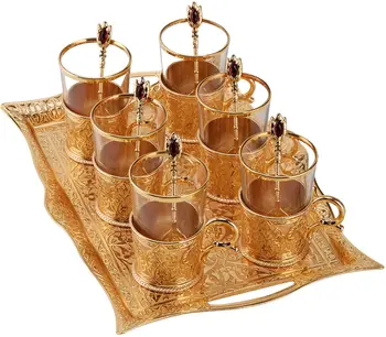 

Turkish Tea Set for 6 - Decorated Glasses with Brass Holders Tray Spoons, Gold (6.6 Oz (200ml))