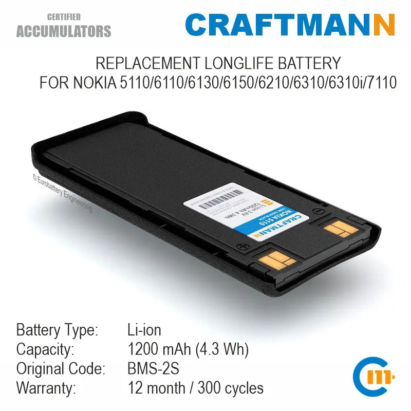 Аккумулятор Craftmann 1200 мАч для Nokia 5110/6110/6130/6150/6210/6310/6310i/7110 (BMS-2S) | Мобильные телефоны и