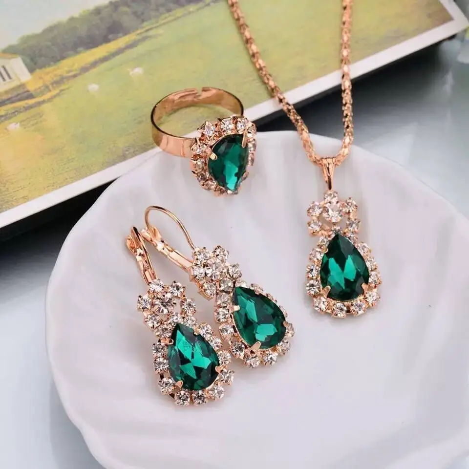 Fashion Income European and American Jewelry Pendants Earrings Ring Sets Fashion Bridal Decoration Colorful Three Piece Gifts 2