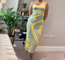 Vestido de punto verde con estampado de Cachemira para mujer, vestido Sexy ajustado sin mangas con tirantes finos, para fiesta en la playa, por debajo de la rodilla, Y2K, 2021