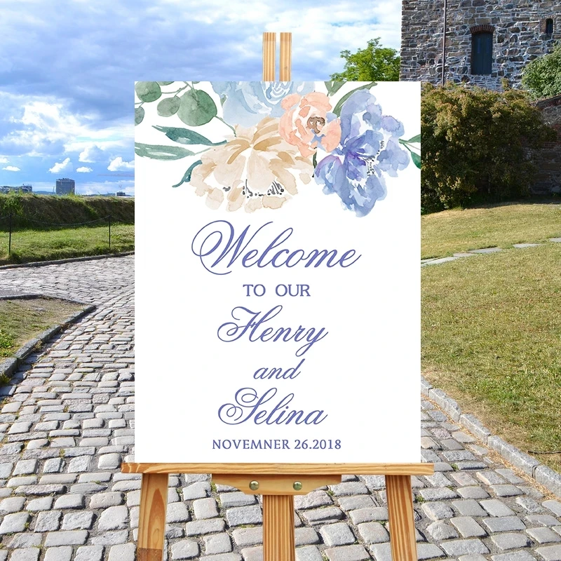 violet-flower-welcome-to-our-wedding-welcome-sign-wood-wedding-boards