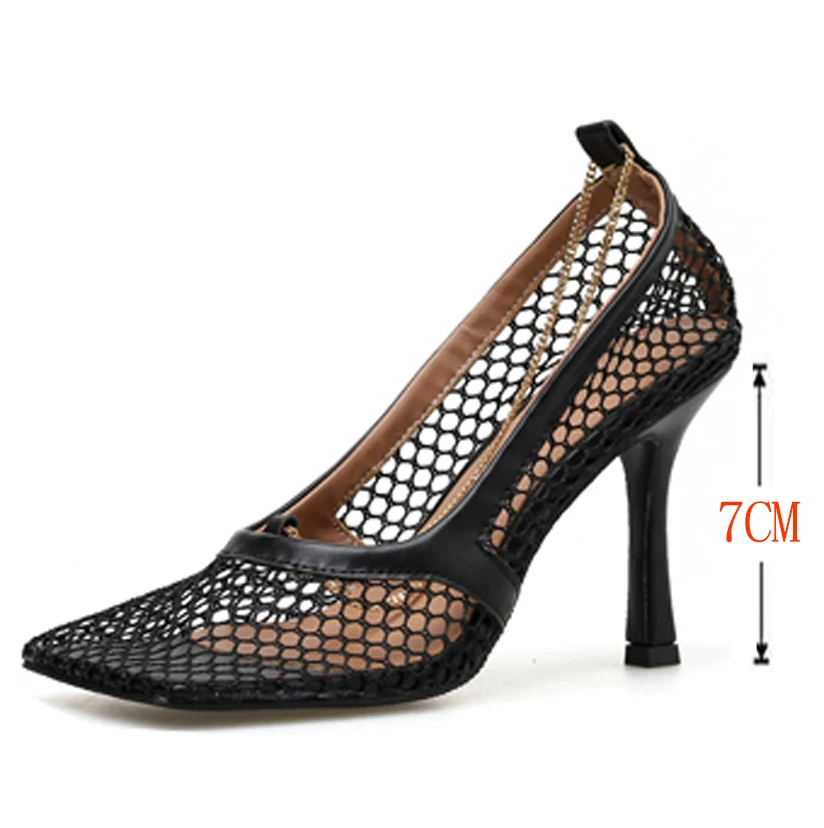 Aneikeh NEW Shoes Women Square Toe Hollow Out Mesh Pumps High Heels Ankle Chain Decor Summer Shoes Black Sexy Slip On Pumps - Цвет: Black(7CM)