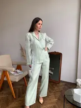 Shirt Leg-Pants Trousers Women Two-Pieces-Set OOTN Long-Sleeves Elegant Female Green