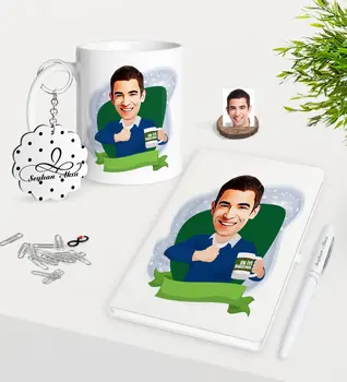 

Personalized Men 'S Best Teacher Caricature Of Trophy Keychain White Notebook Pen Gift Seti-1