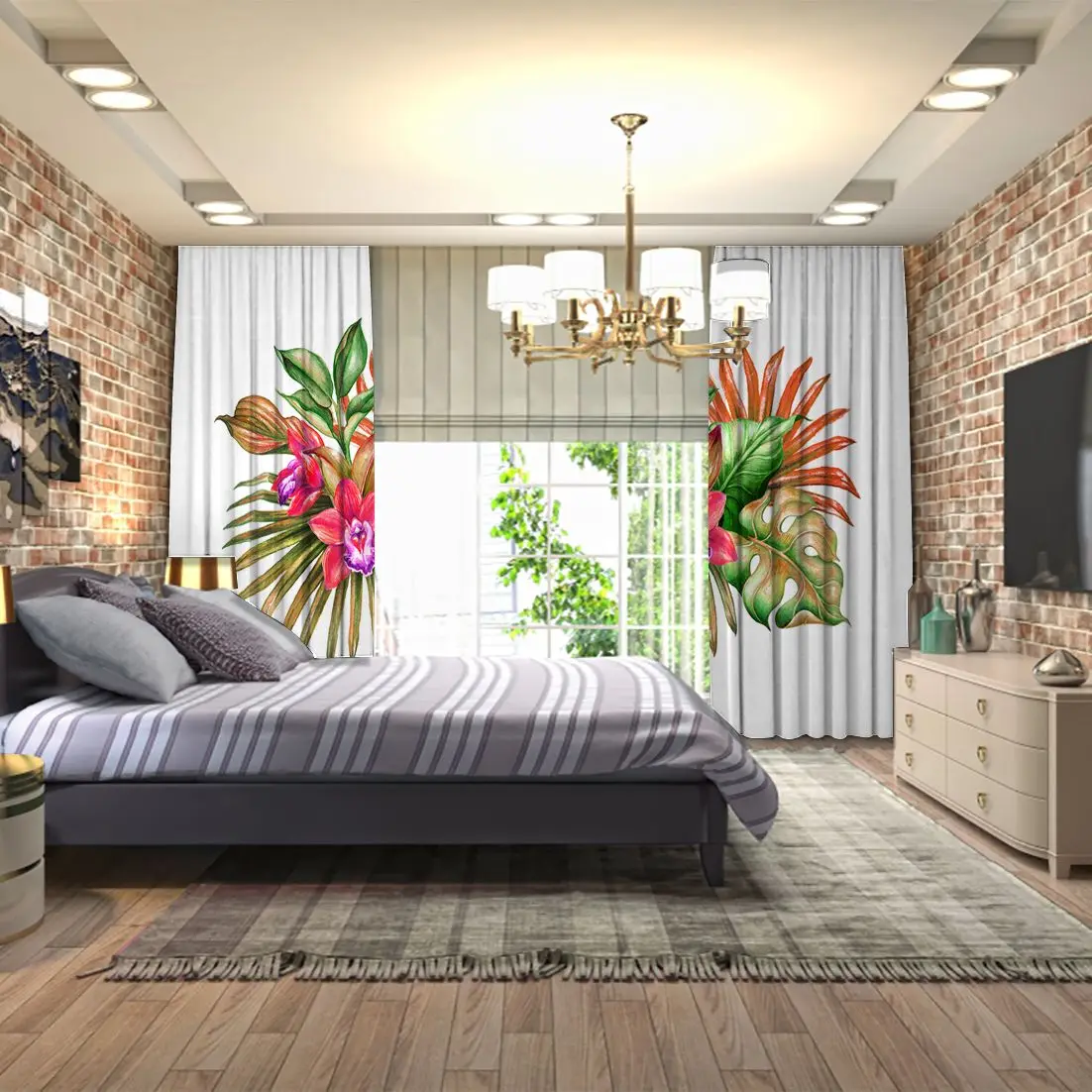 Tropical Bouquet with Big Leaves Orchid Flowers Botanical Watercolor Style Illustration Orange Green White Curtain