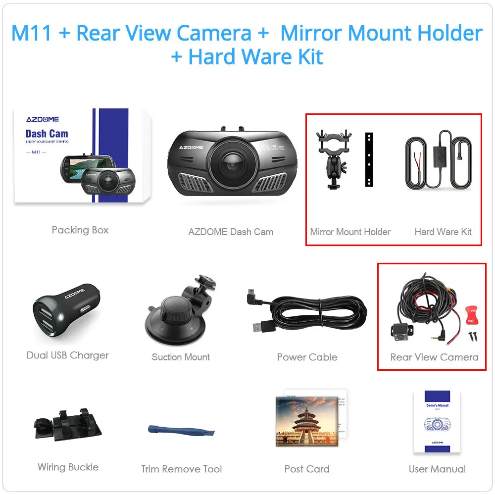 M11-RVC-MMH-HWK AZDOME M11 DVR 24H монитор парковки Автомобильная камера мини Dashcam двойной объектив Ночное Видение Поддержка gps 1080P заднего вида видеорегистратор - Название цвета: M11-RVC-MMH-HWK