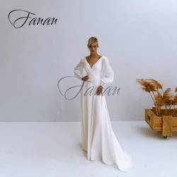 Simple V-Neck A-Line Wedding Dresses Backless Beading Long Sleeve Sweep Train Bridal Gown vestido de novia robe de mariée