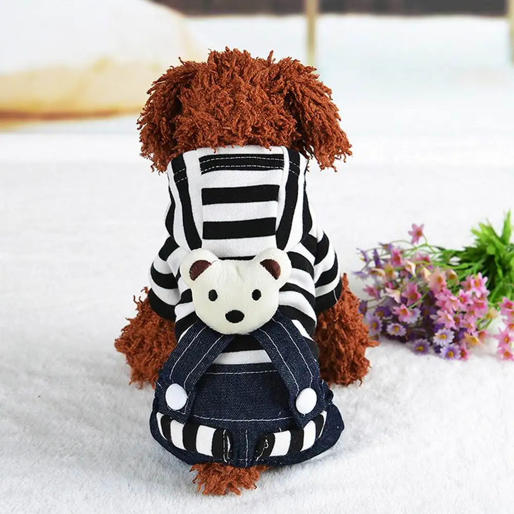 Pet Dog Wear Cartoon Bear Striped Jumpsuit With Hoodie & Bear On Back Party Pet Dress Supplies dog costume set