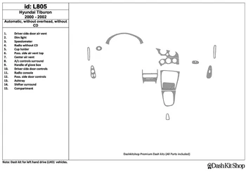 

Interior trim for Hyundai Tiburon 2000-2002. Set L805.