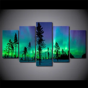 

Frame Living Room Wall Art Pictures HD Printed 5 Piece/Pcs Green Aurora Borealis Modern Painting On Canvas Home Decor Posters
