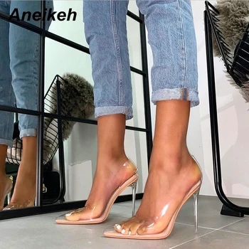 

Aneikeh Spring Summer Clear Plastic Transparent PVC Pumps Club Party Shoes Fashion Sexy Party Fine Heel Female High Heels Shoes
