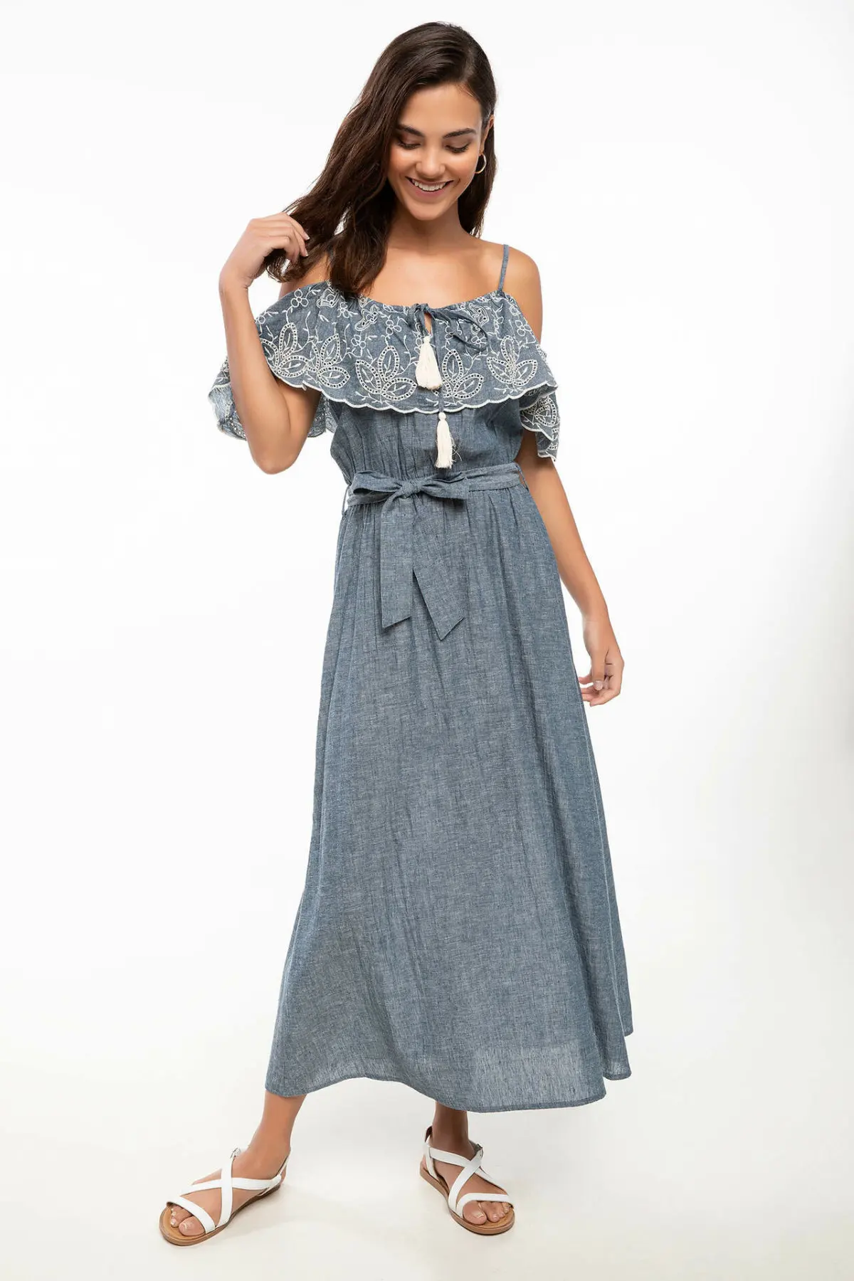 

DeFacto Woman Sexy Off-shoulder Dress Holiday Style Casual Cotton Dresses Female Floral Woven Ankle Length Dress-J3074AZ18AU