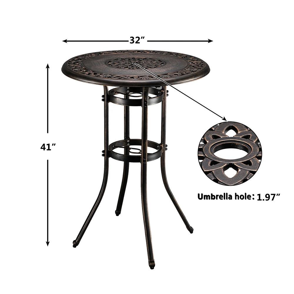 81x81x104CM Outdoor Cast Aluminum Round Dining Table With Umbrella Hole