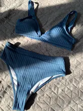 Peachtan-bikinis de cintura alta para mujer, bañador Sexy acanalado liso, traje de baño deportivo para mujer con cuello de pico, bikini a rayas 2021