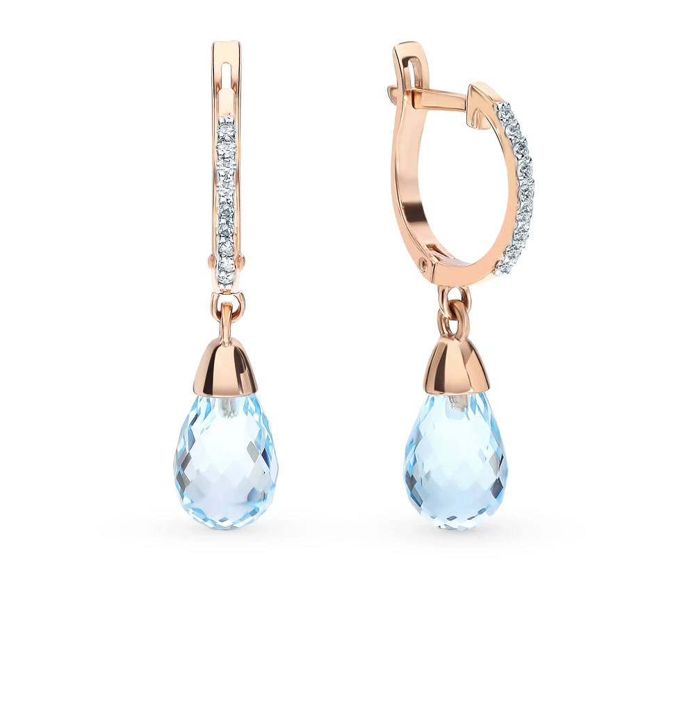 Gold earrings with topaz and diamond SUNLIGHT test 585