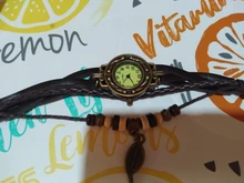 Relojes de pulsera Vintage para mujer y niña, pulsera con hoja, brazalete de cuero colgante, regalo