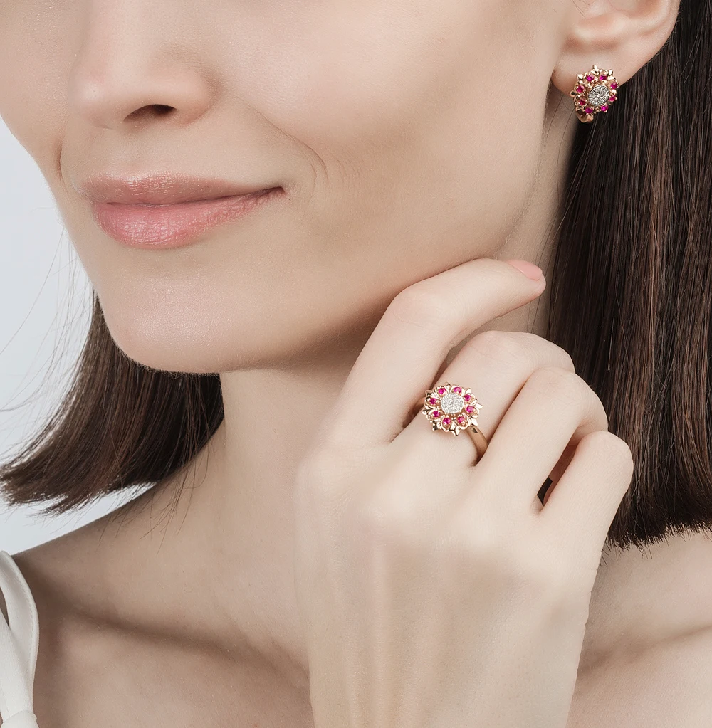 Gold earrings with rubies and diamonds SUNLIGHT test 585