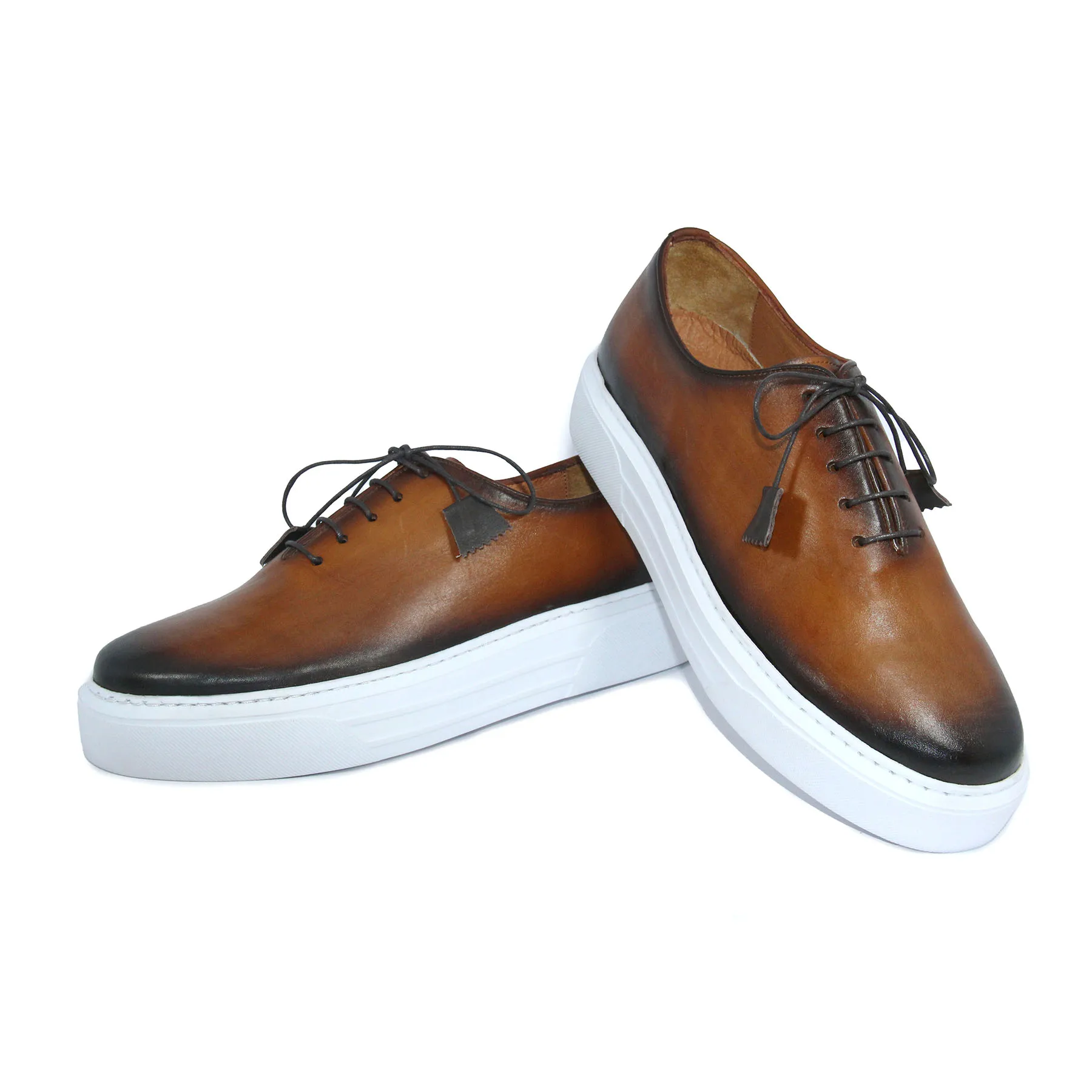 Handmade Tobacco Sport Sneakers with Lightweight EVA Sole, Gradient Hand Painted Patina Genuine Calfskin Leather, Men's Shoes