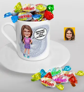 

Personalized Female Child Nihayetinde Caricature Of Turkish Coffee cup And Haribo Candy Gift Seti-5