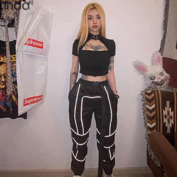 

Sisterlinda Autumn Striped Reflective Patchwork Casual Sports Pants High Waist Drawstring Elastic Slim 2019New Harem Pants Mujer