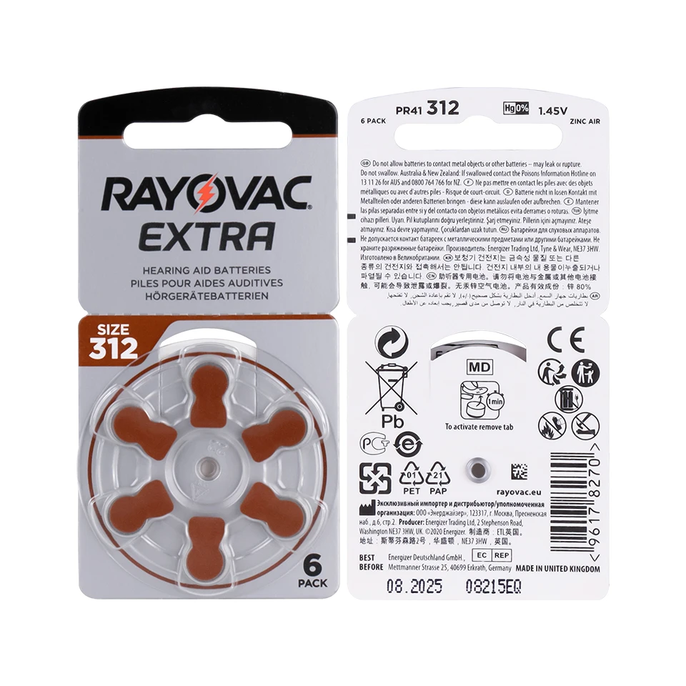 60 pcs Rayovac Extra Zinc Air Hearing Aid Batteries A312 312A ZA312 312  PR41 S312 PR41 Hearing Aid Battery