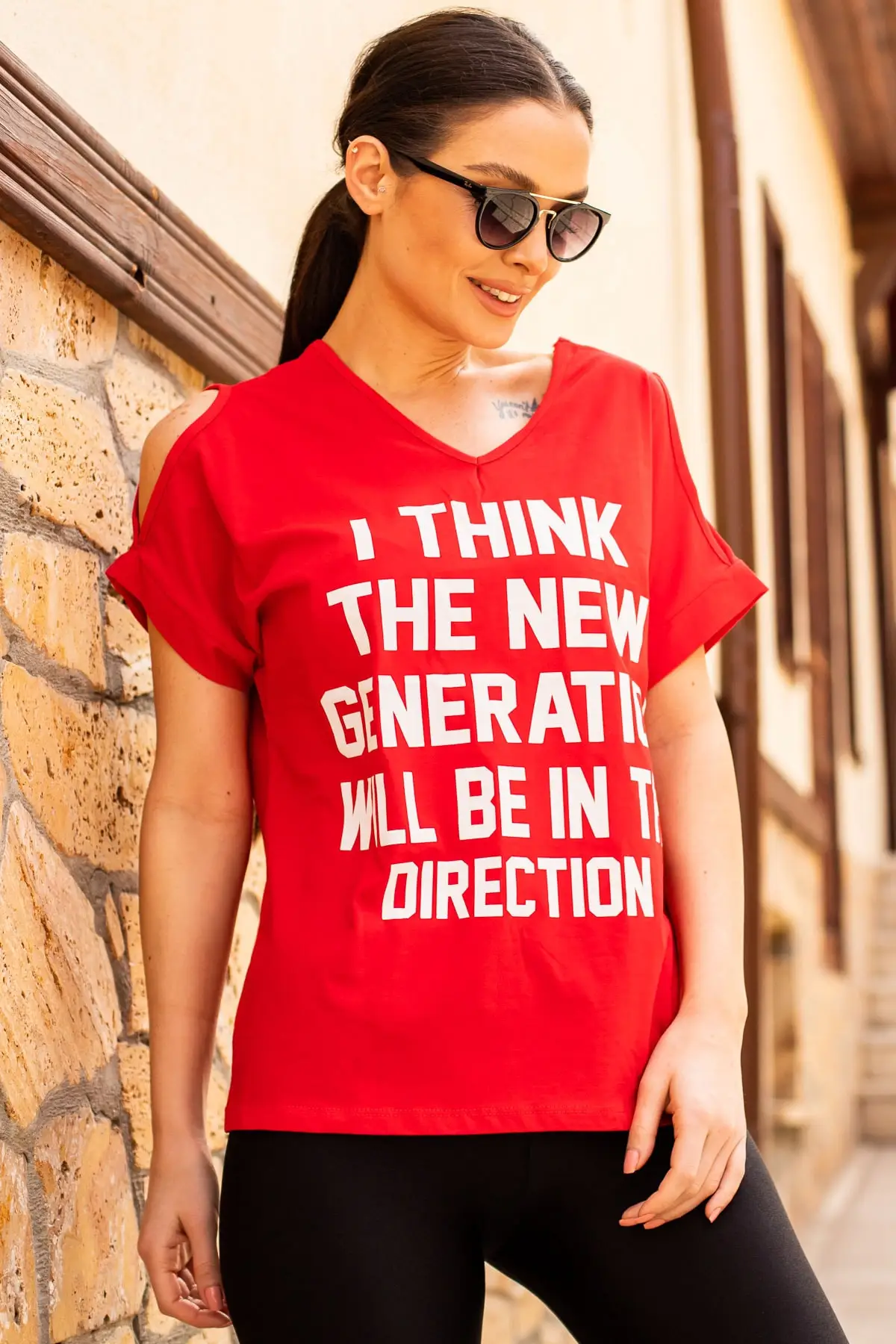 Armonika Women Black V Neck one pieces Of Open Toed Printed T Shirt ARM