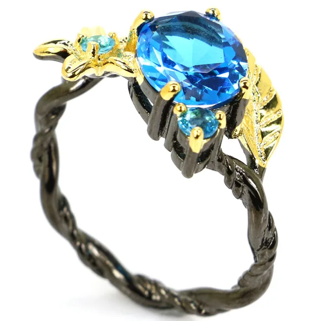 

20x12mm Sublime Antique Vintage Created Paris Blue Topaz Gift For Sister Black Gold Silver Rings