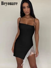 

Beyouare Tassel Sexy Women Dress Solid Strapless Sleeveless Patchwork Bodycon Summer Club Party Night Elegant Mini Dresses 2022