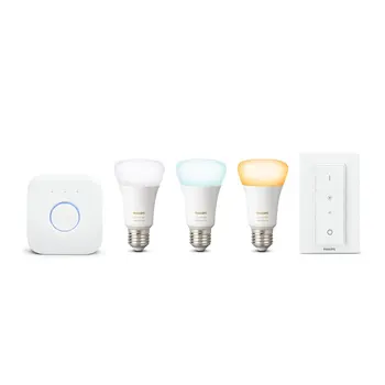 

Philips Hue Kit 3 Bombillas LED inteligentes E27, Puente y Mando Inalámbrico, Blancos regulables