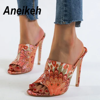 

Aneikeh 2020 Summer Flower Canvas Gladiator Sandals Women Shoes Thin Heels Heels Open toe Party Slip-On Slingback Pumps 41 42