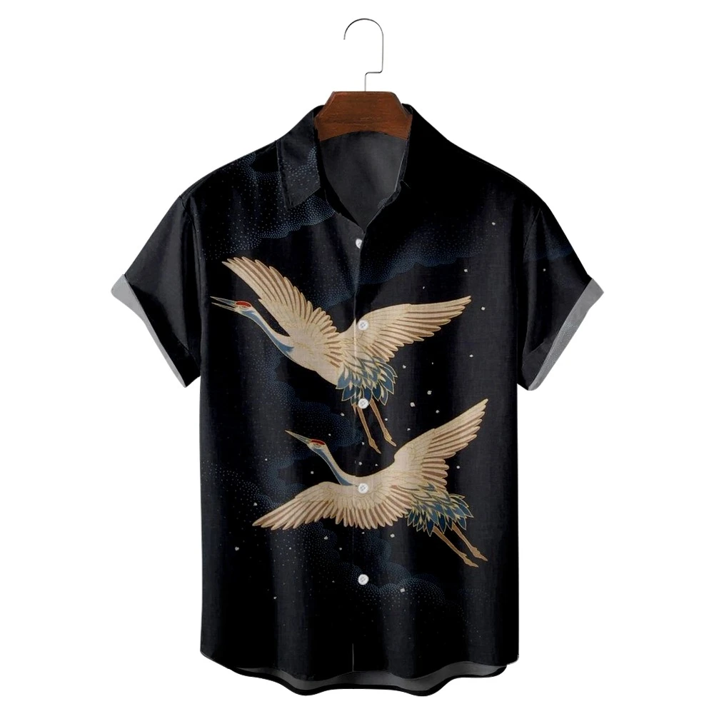 black short sleeve button up 3D night sky red-crowned crane ancient style printing casual retro men's and women's spring and autumn short-sleeved shirts blue short sleeve shirt