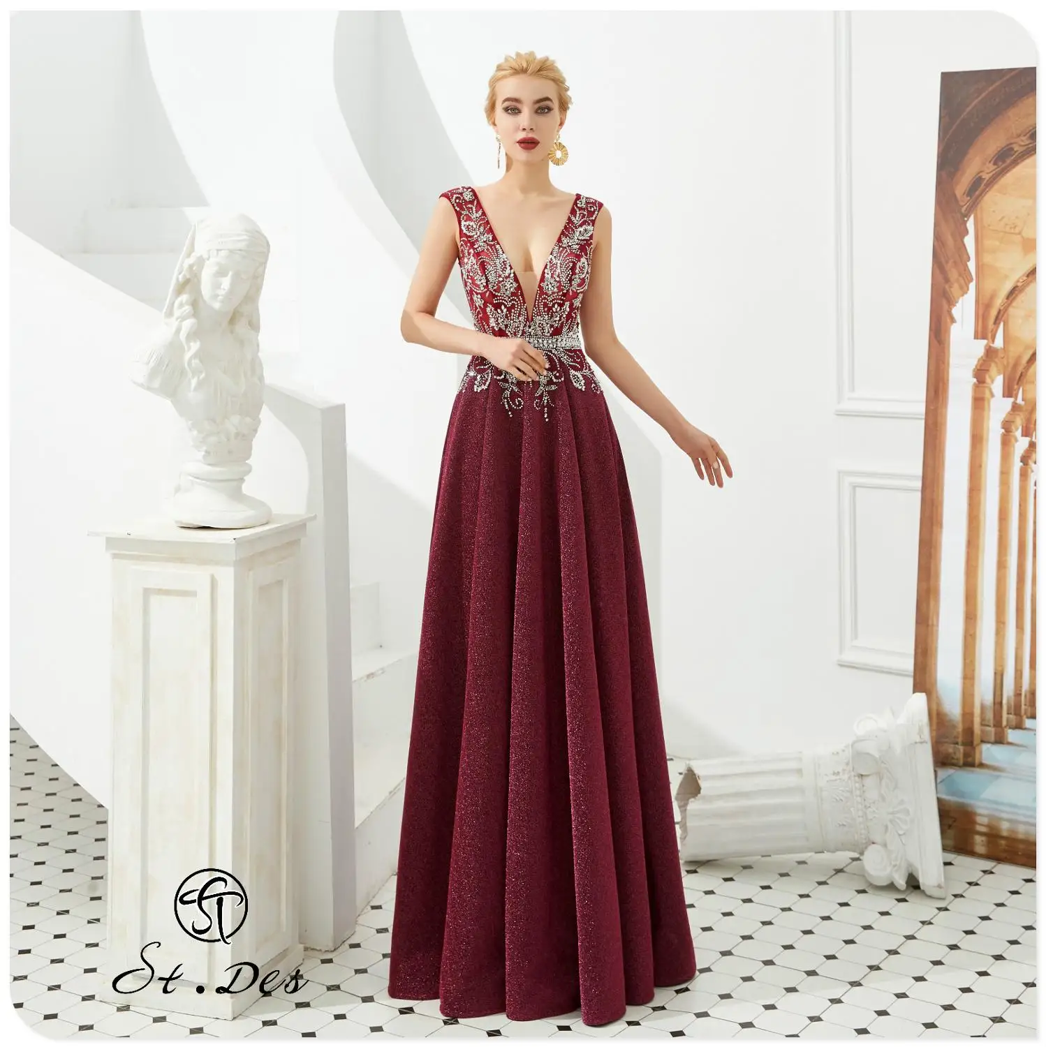 

NEW 2020 St.De0s A-line V-Neck Wine Flower Beading Sleeveless Designer Floor Length Evening Dress Party Dress