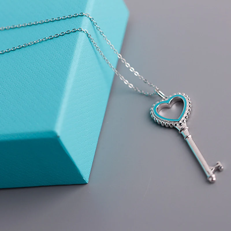 100%Classic blue Keys Necklace for Women Love Chain bead Heart TF Pendant Necklace Gift Bohemian Choker Necklace 925 silver logo (3)