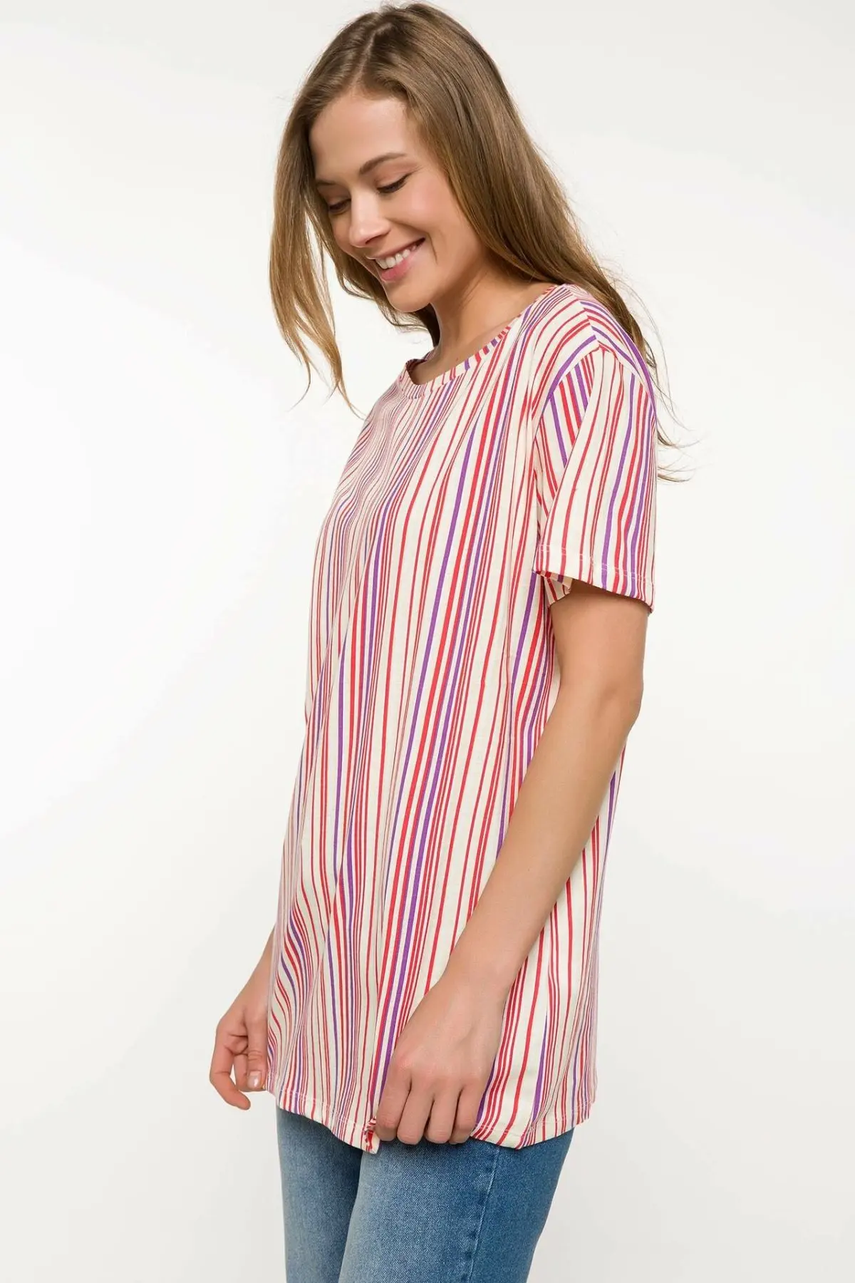 

DeFacto Woman Summer Striped Long Shirts Knitted Short Sleeve Mixed Line Casual Top Tees J2227AZ18SMGN636-J2227AZ18SM