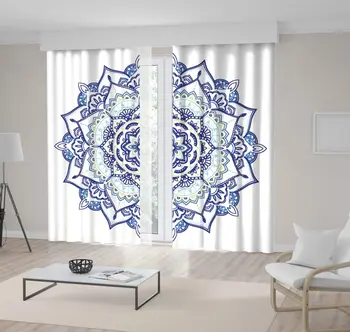 

Mandala Ornamental Round Pattern Bohemian Mystic Tribal Elements Blue White Artwork Printed Curtain