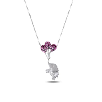 

Silver 925 Sterling Pink Grayscale Nano Gemstone Elephant & Balloon Necklace