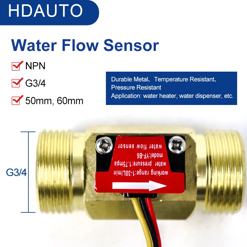 Copper Water Flow Sensor NPN Output Hall High-precision Turbine Flowmeter 6 Points G3/4 50MM 60MM Tube Copper Turbine Flow meter
