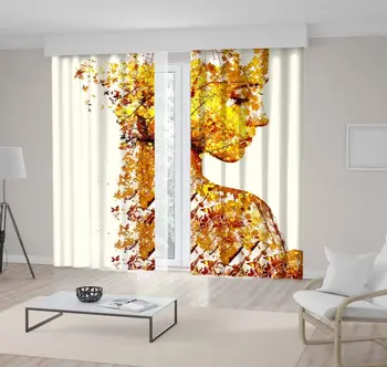 

Curtain Portrait of Young Woman and Autumn Falling Leaves of Mother Nature's Imagination Creative Artwork Yellow Orange Brown