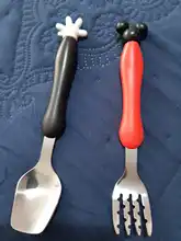 Juego de tenedor cuchara de seguridad de acero inoxidable para bebé, 2 uds., cubiertos de alimentación para niños pequeños, ratón de dibujos animados, vajilla MBG0359